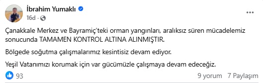 Çanakkale’deki Yangın Kontrol Altında