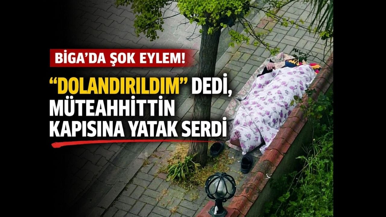 Biga’da şok eylem! "Dolandırıldım" dedi, müteahhittin kapısına yatak serdi