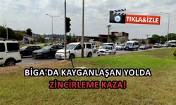 Biga’da kayganlaşan yolda zincirleme kaza!