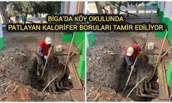 Biga’da köy okulunda patlayan kalorifer boruları tamir ediliyor