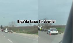 Biga’da kaza: Tır devrildi (VİDEOLU)