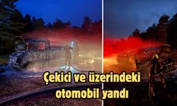 Çekici ve üzerindeki otomobil yandı