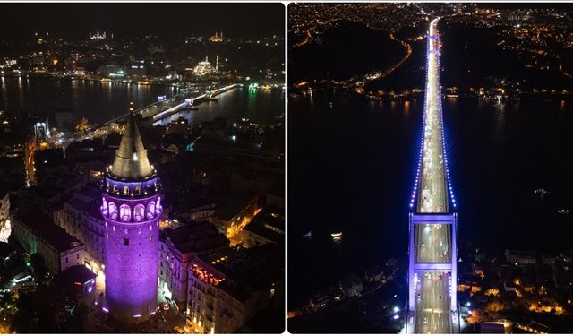 İstanbul'un simgeleri Dünya Prematüre Günü dolayısıyla mor renkle ışıklandırıldı