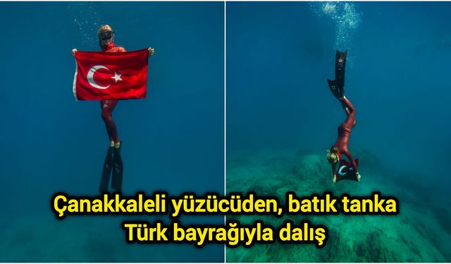 Çanakkaleli yüzücüden, batık tanka Türk bayrağıyla dalış