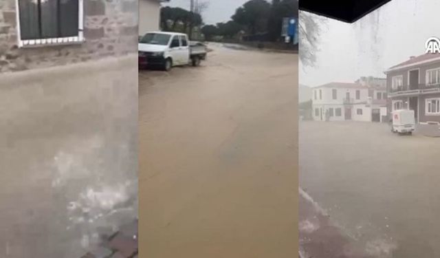 Bozcaada'da sokaklar su altında kaldı (Video)